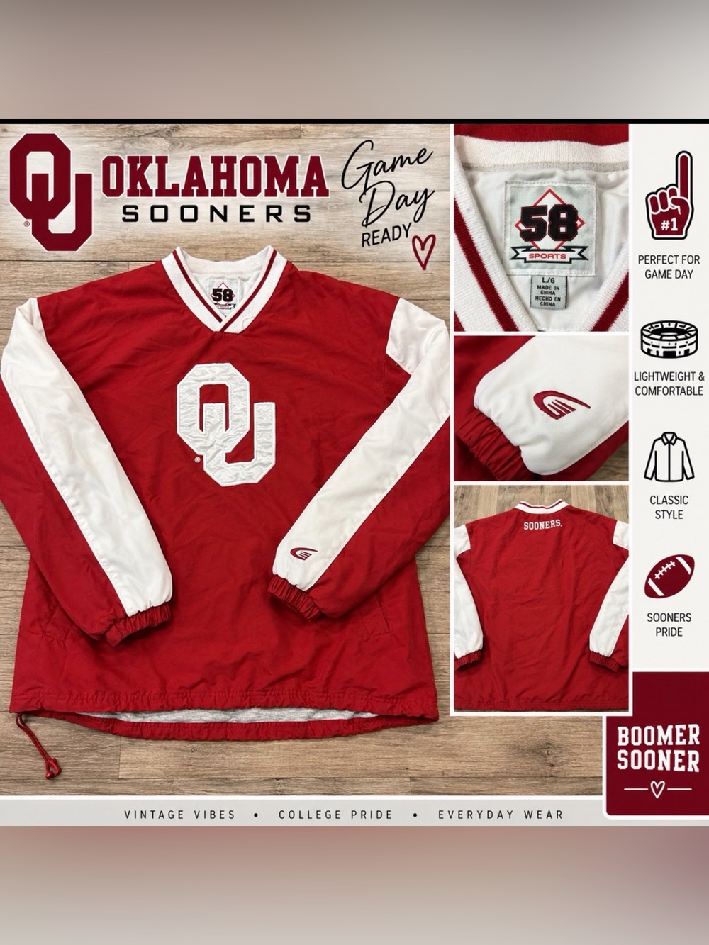 Oklahoma Sooners OU Vintage Pullover Jacket – Red & White – Size L/G